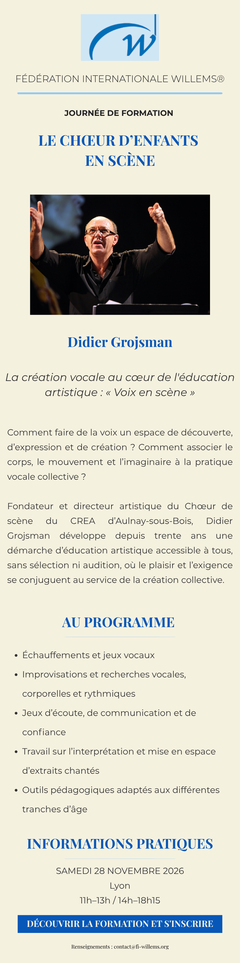 Stage Didier Grojsman – Le Chœur d&rsquo;enfants en scène | 28 novembre à Lyon